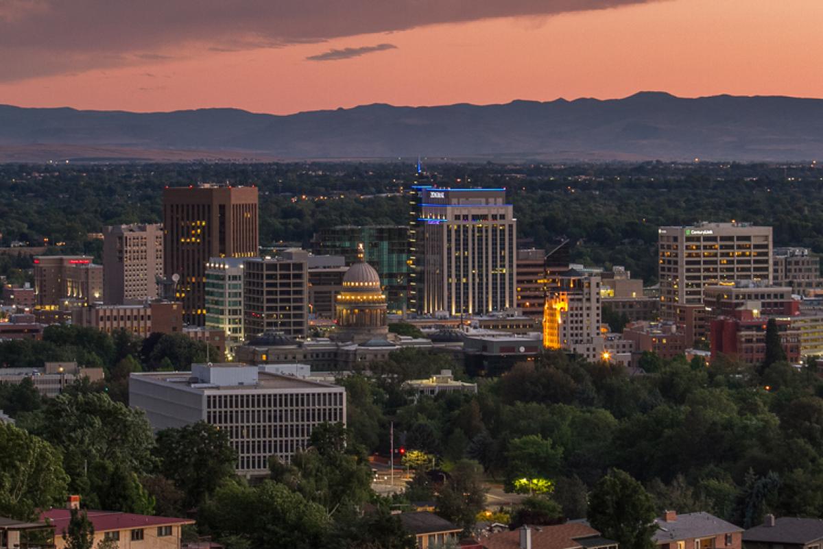 View of Boise Idaho at dusk downtown office lights summer