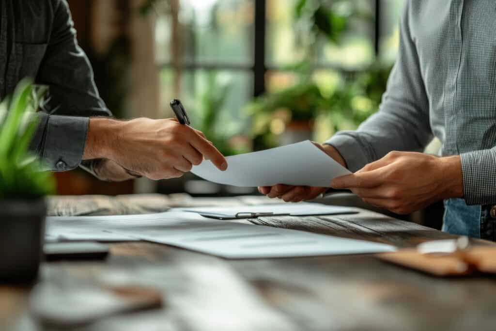 Business Negotiation Document Signing Between Realtor and Tenant in Modern Office