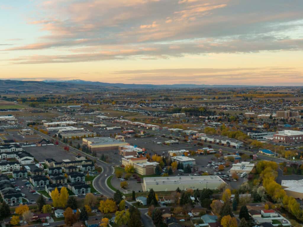 Aerial view of Eastern Idaho commercial and industrial area at sunset.