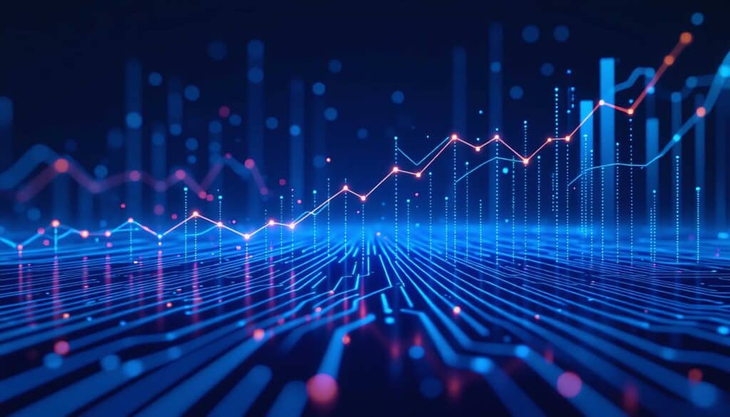 Digital data visualization with rising and falling line graphs and data points.