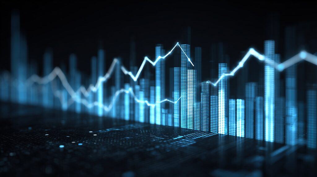 Digital financial data visualization with rising and falling graphs and bar charts.