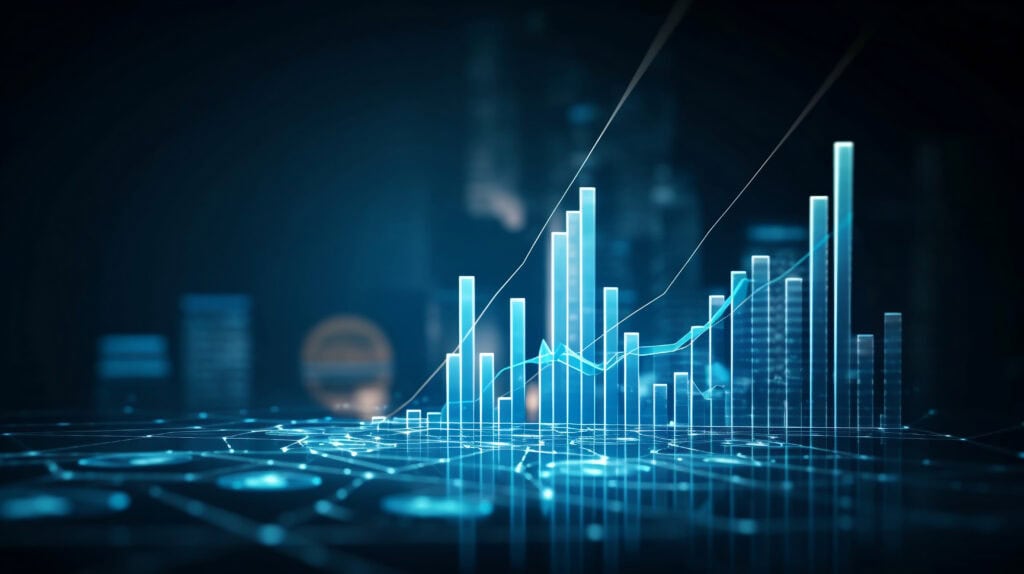 Futuristic digital data visualization with rising bar graphs and line charts.