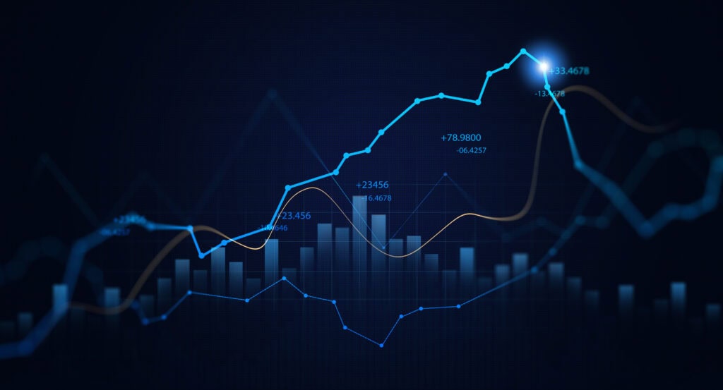 Data analysis graph with rising and falling trends and numerical data points.