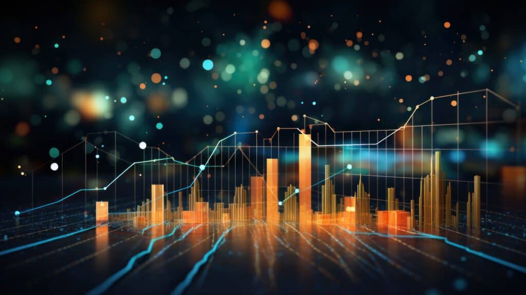 Financial data visualization with rising bar graphs and line charts.