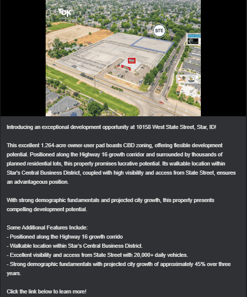 Aerial view of 10158 West State Street commercial development site in Star, ID.